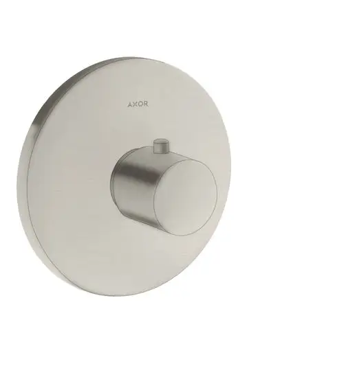 Thermostat mit runder, flacher Basis und einem zentralen Drehknopf in Edelstahloptik, hergestellt von AXOR, geeignet für Unterputzinstallation.